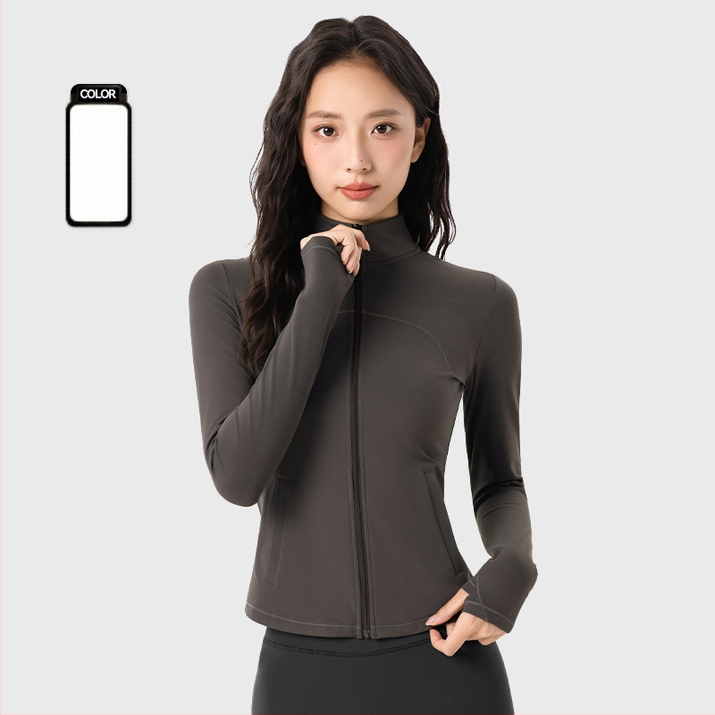 Moteriška fleece sportinis džemperis jogai, ilgomis rankovėmis, siauras kirpimas, stovinti apykaklė su užtrauktuku, pilvo ilgio, storas šilumos