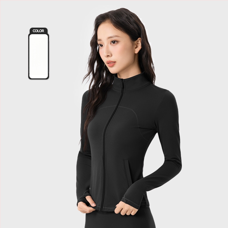 Moteriška fleece sportinis džemperis jogai, ilgomis rankovėmis, siauras kirpimas, stovinti apykaklė su užtrauktuku, pilvo ilgio, storas šilumos