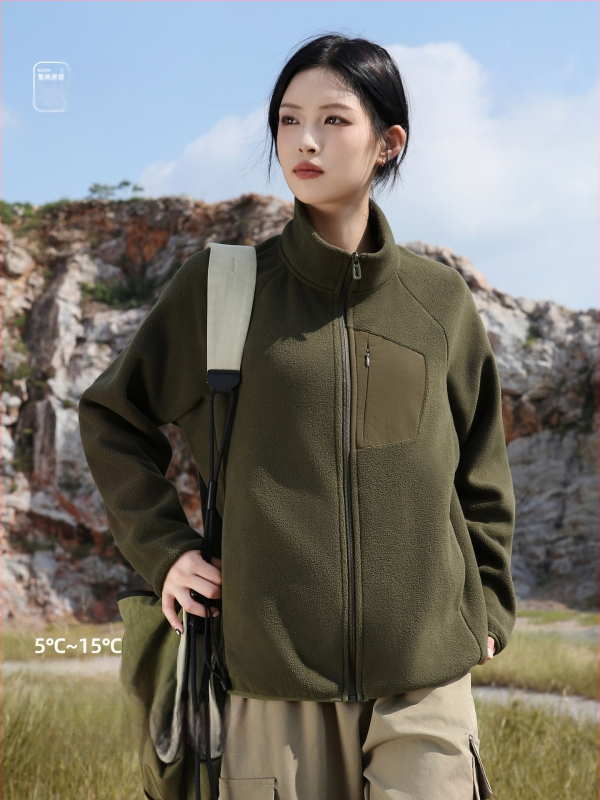 Fleece kardiganas su aukšta kaklu, moterų žiemos/rudens lauko drabužiai, be gobtuvo, su fleece pamušalu