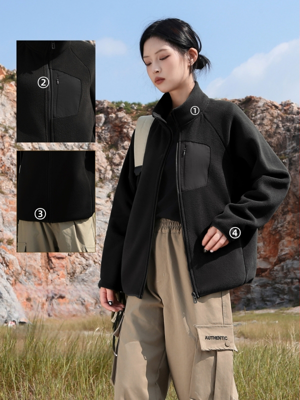 Fleece kardiganas su aukšta kaklu, moterų žiemos/rudens lauko drabužiai, be gobtuvo, su fleece pamušalu