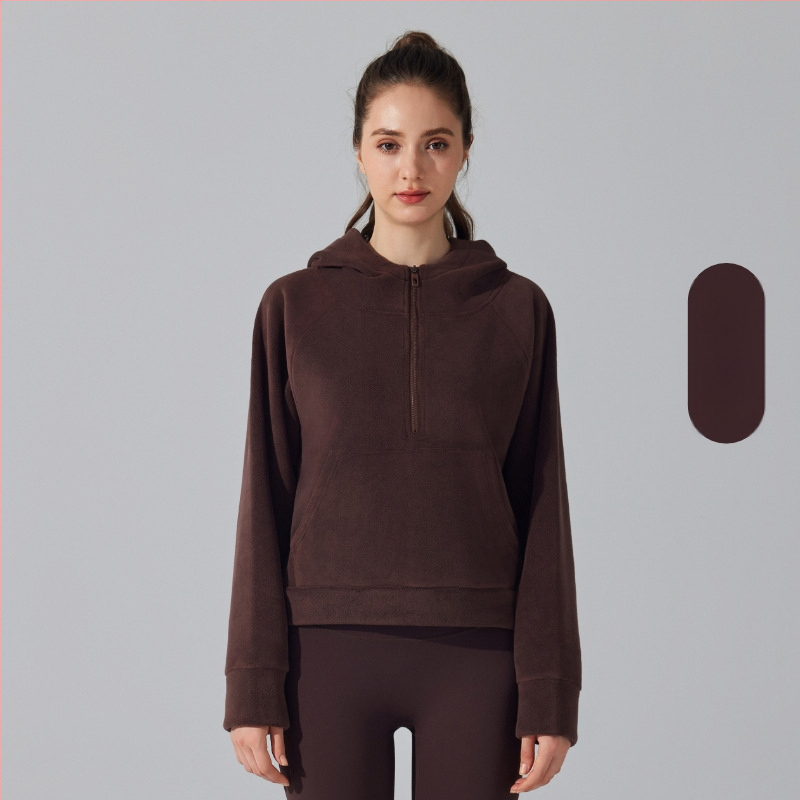 Joga džemperis su gobtuvu, fleece įdaila, priekyje užtrauktukas, Ao-grain veliūro audinys, ilgomis rankovėmis