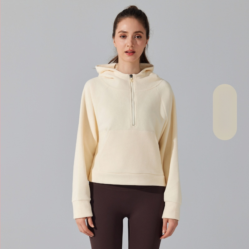 Joga džemperis su gobtuvu, fleece įdaila, priekyje užtrauktukas, Ao-grain veliūro audinys, ilgomis rankovėmis