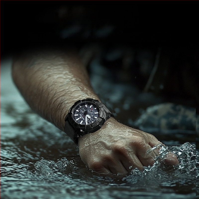 Vyrinis kvarcinis laikrodis su saulės įkrovimu, daugiafunkcinis chronografas su trimis indikatoriais, atsparus vandeniui iki 50 m, dirželis TPR+nylon