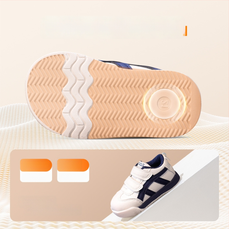 Bērnu sporta apavi – sintētiskā āda, pretslīdoša gumijas zole, svītrainais raksts, Velcro aizdare, vecuma diapazons 4–12 gadi, pavasaris, rudens