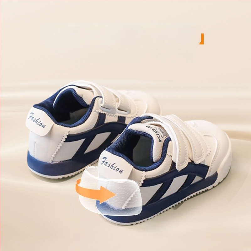 Bērnu sporta apavi – sintētiskā āda, pretslīdoša gumijas zole, svītrainais raksts, Velcro aizdare, vecuma diapazons 4–12 gadi, pavasaris, rudens