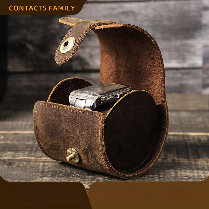 Retro rankų darbo laikrodžių dėžutė iš Crazy Horse karvų odos, nešiojama kelionėms, vienetas, su spausdintu logotipu