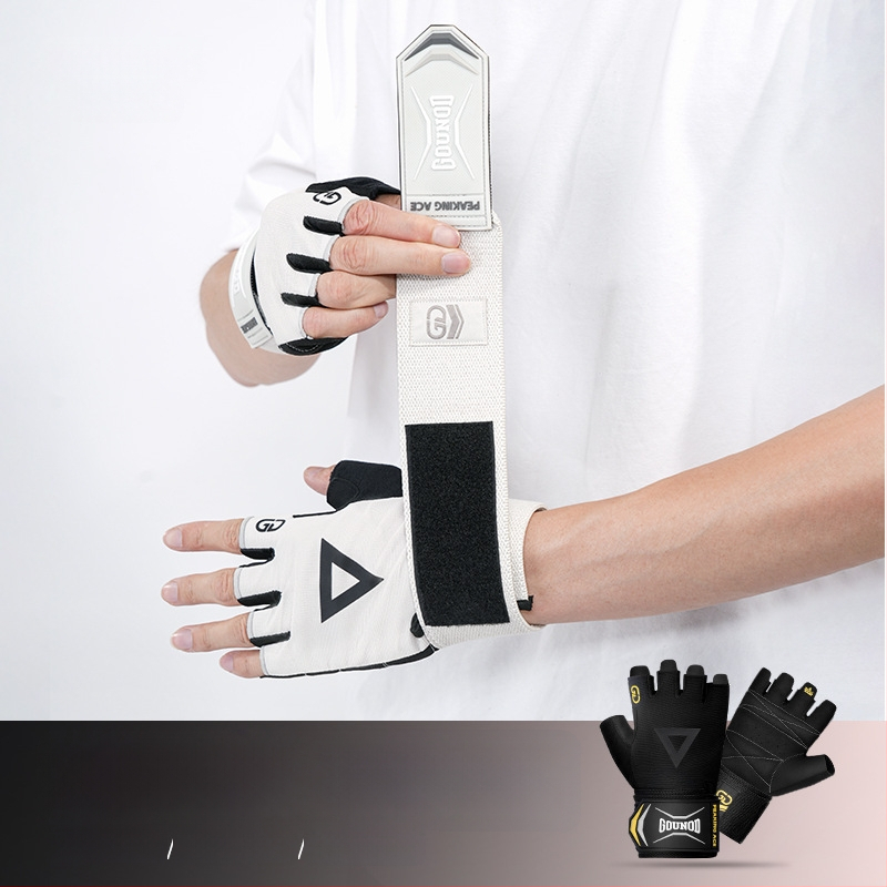 Puspirštinės fitneso pirštinės su delno apsauga — poliesterio pluoštas, tinka treniruotėms su hantelėmis ir štanga, neslidžios, dėžutė 100 vnt.