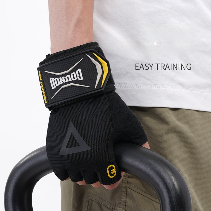 Puspirštinės fitneso pirštinės su delno apsauga — poliesterio pluoštas, tinka treniruotėms su hantelėmis ir štanga, neslidžios, dėžutė 100 vnt.