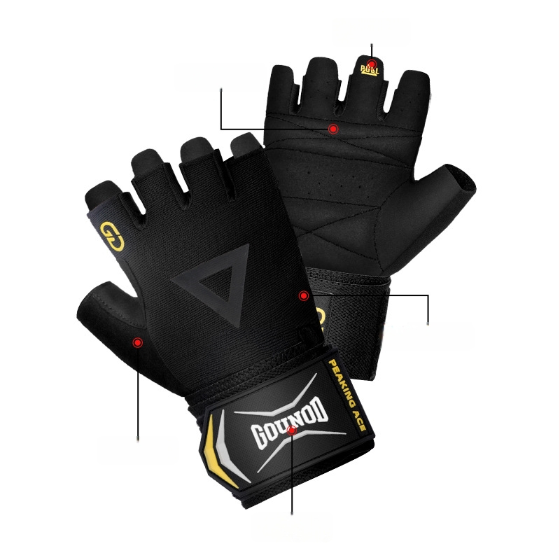 Puspirštinės fitneso pirštinės su delno apsauga — poliesterio pluoštas, tinka treniruotėms su hantelėmis ir štanga, neslidžios, dėžutė 100 vnt.