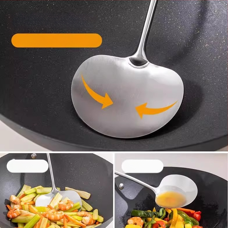 Virtuvės šaukštas iš 304 nerūdijančio plieno, medinė rankenėlė, neprilimpančiai paviršiai, atspari karščiui, ilga rankena