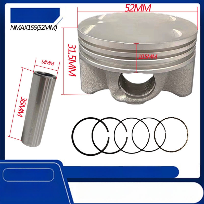 Stūmoklio rinkinys Yamaha NMAX155/NMAX125 – Ø52 mm, 3 žiedų grioveliai, sujungtas žiedas, koninis žiedo profilis, aliuminis