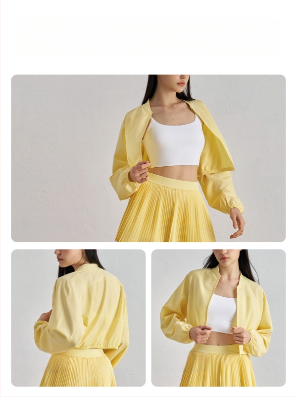 Trumpa kasdienė jogos striukė moterims, pavasaris, ilgos rankovės, stovinti apykaklė, audinys poliesteris 91%