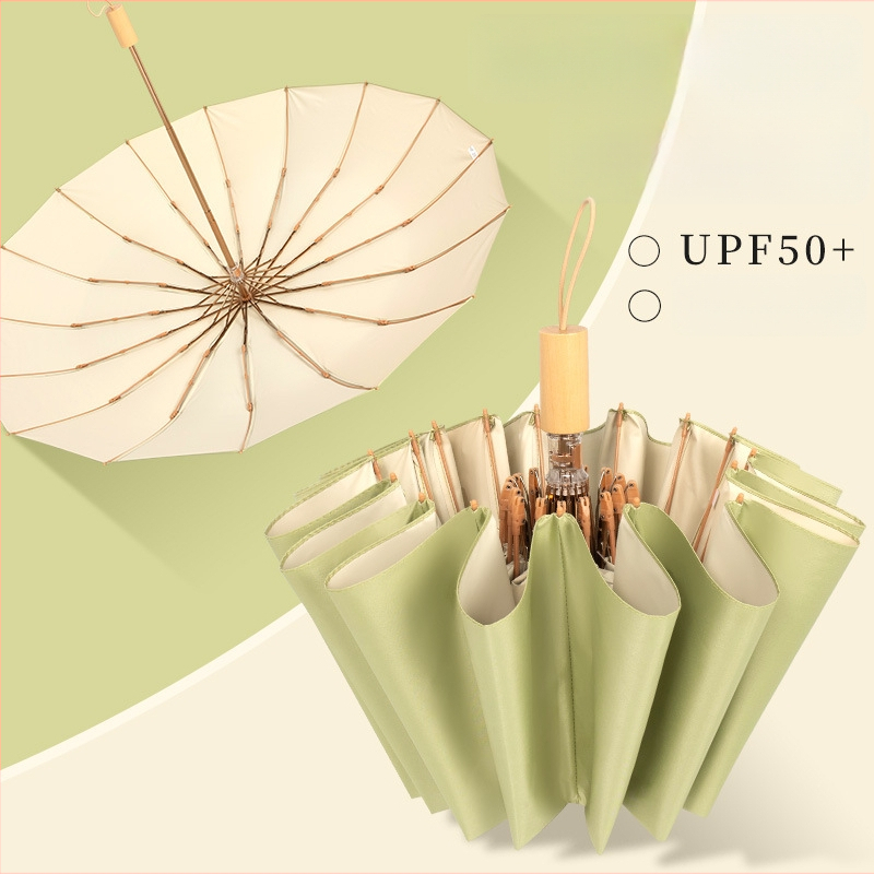 16‑ribų sulankstomas skėtis, UPF 50+, poliesterio 190T audinys, medinė rankena, rankinis atidarymas ir uždarymas