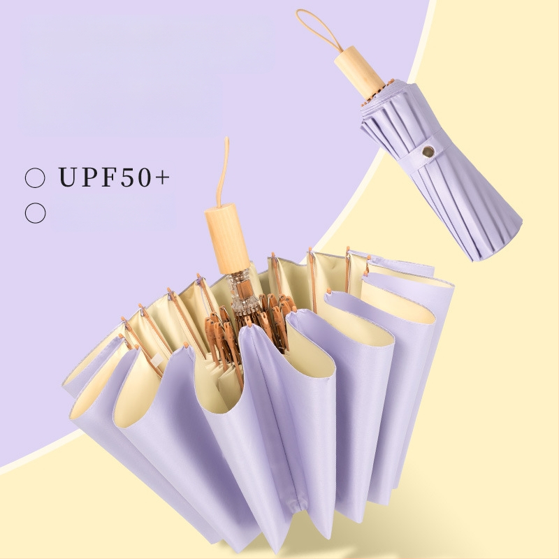 16‑ribų sulankstomas skėtis, UPF 50+, poliesterio 190T audinys, medinė rankena, rankinis atidarymas ir uždarymas