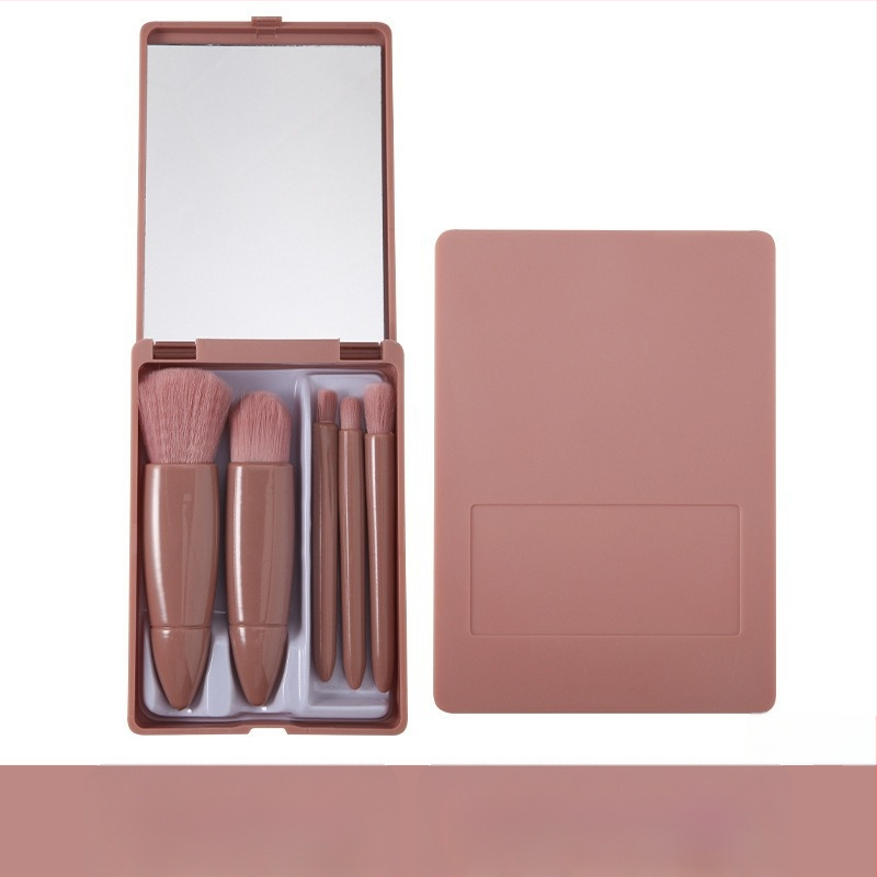 5 dalių makiažo šepetėlių rinkinys su minkštomis sintetinių šerelių, plastmasine rankenėle, nešiojama dėžutė