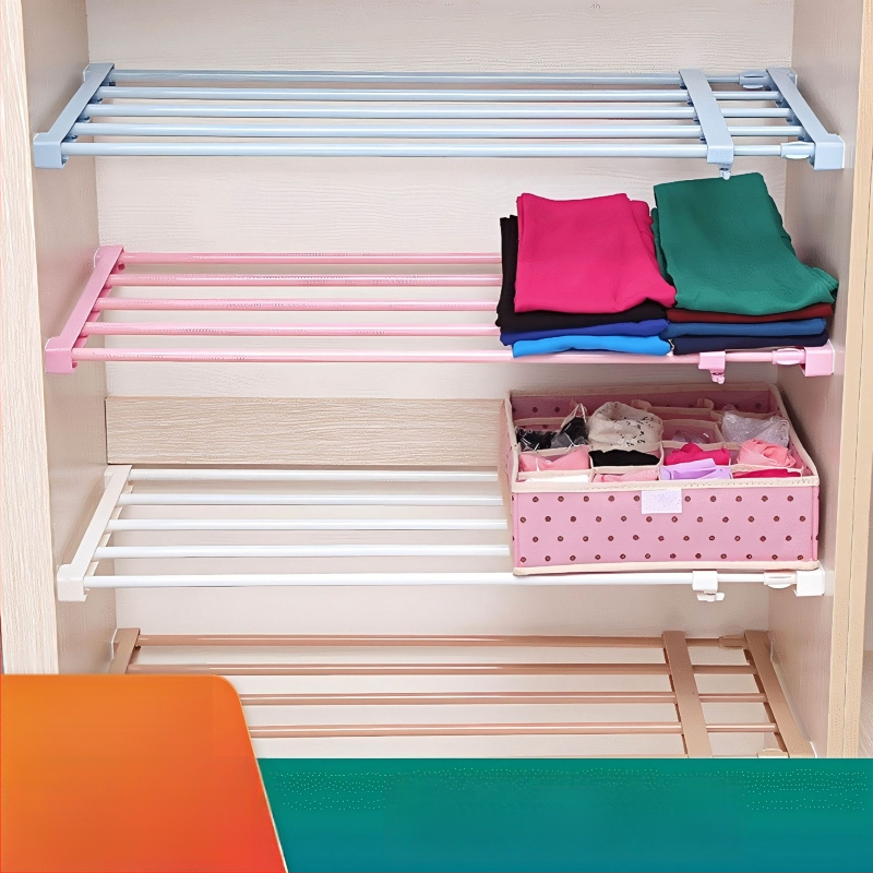 Laienev garderoobi ladustamise riiul koos eraldustega, naelu- ja liimivaba, laiendatav kappide ja vannitoa korraldamiseks; Materjal: ABS + süsinusteras; Paigaldus: püsti; Stiil: loominguline; 1 kiht