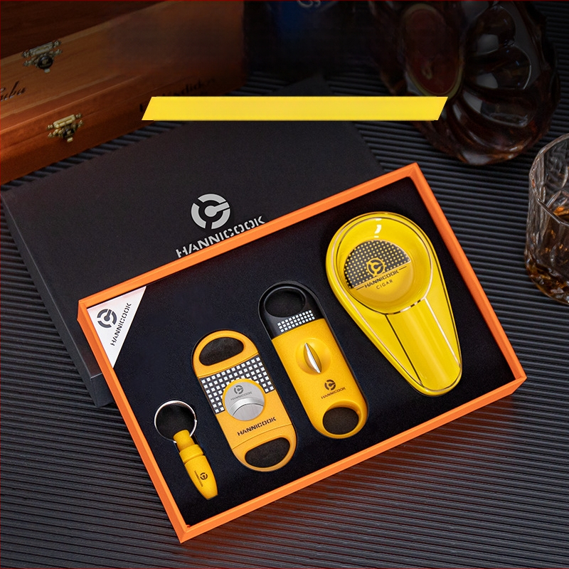 HANNICOOK Cigarešu instrumentu komplekts: nerūsējošā tērauda V formas griezējs, plakanais griezējs cigārām, cigarešu urbjmašīna, pelnu trauks