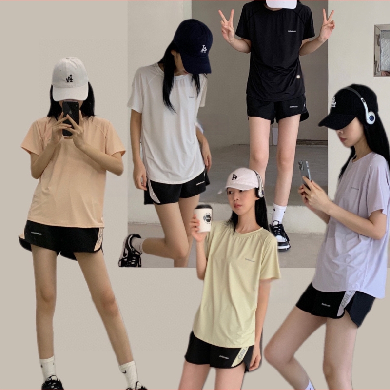 Vasaros unisex sportinis komplektas — kvėpuojantis, greitai džiūstantis, trumpomis rankovėmis, apvalus kaklo iškirptė, 30% spandex