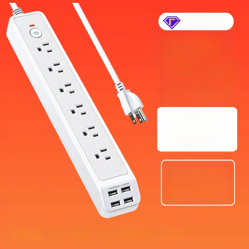 Šešių lizdų maitinimo juosta su USB įkrovimo jungtimi, apsauga nuo perkrovos, liepsnai atsparus ABS korpusas, CE sertifikatas