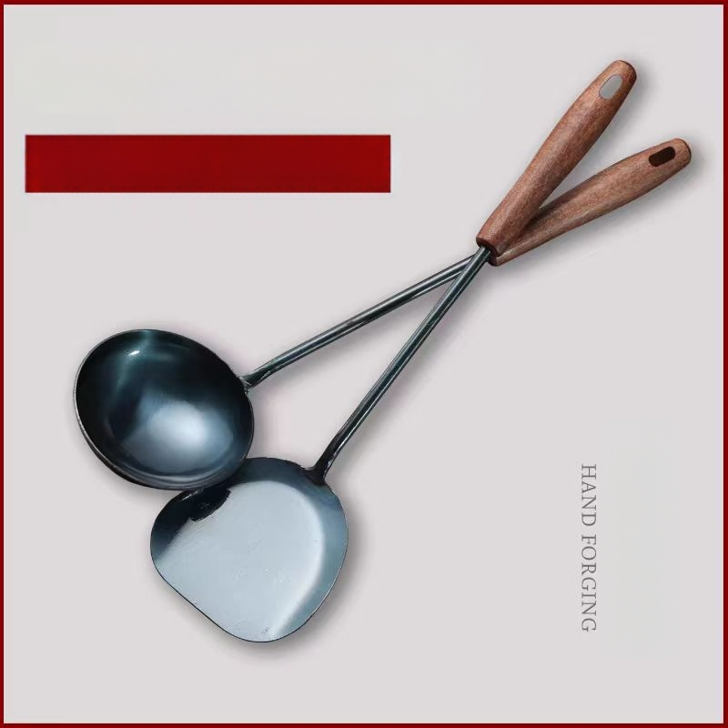 Rankų darbo geležies šaukšto ir mentele su medinėmis rankenėlėmis, virtuvės apsauga nuo nudegimų, prekės ženklas Zhen Sheng Yi