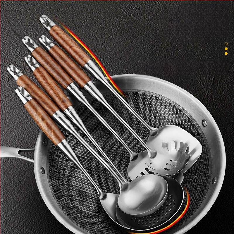 Nerūdijančio plieno šaukštų ir mentelių rinkinys su kietmedžio rankenomis – neslystantis, atsparus karščiui, šilumos izoliacija – modernus minimalistinis virtuvės rinkinys, modelis GC4650121