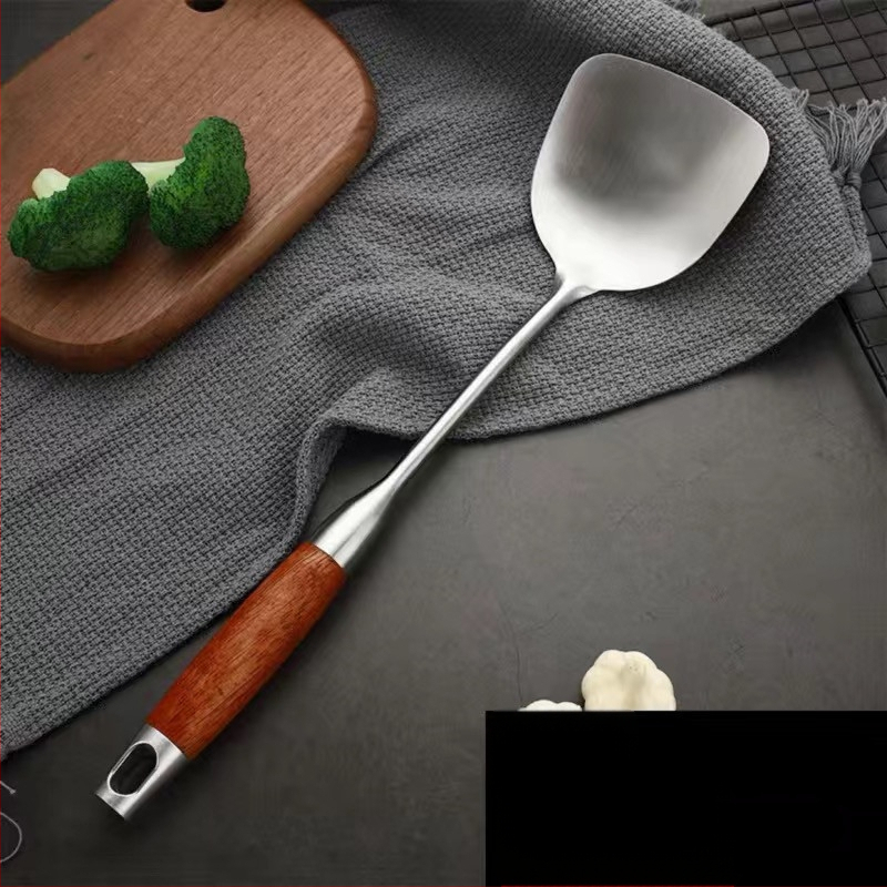 Nerūdijančio plieno šaukštų ir mentelių rinkinys su kietmedžio rankenomis – neslystantis, atsparus karščiui, šilumos izoliacija – modernus minimalistinis virtuvės rinkinys, modelis GC4650121