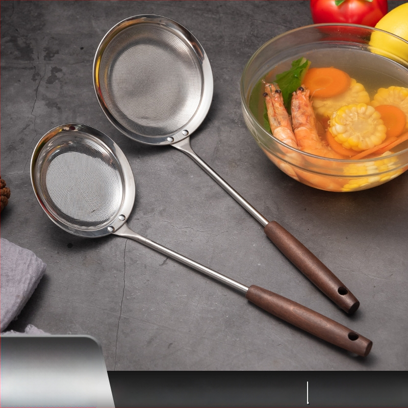 316 nerūdijančio plieno tirštėjantis putų šaukštas su medine rankena – keptuvės tinklo sietas