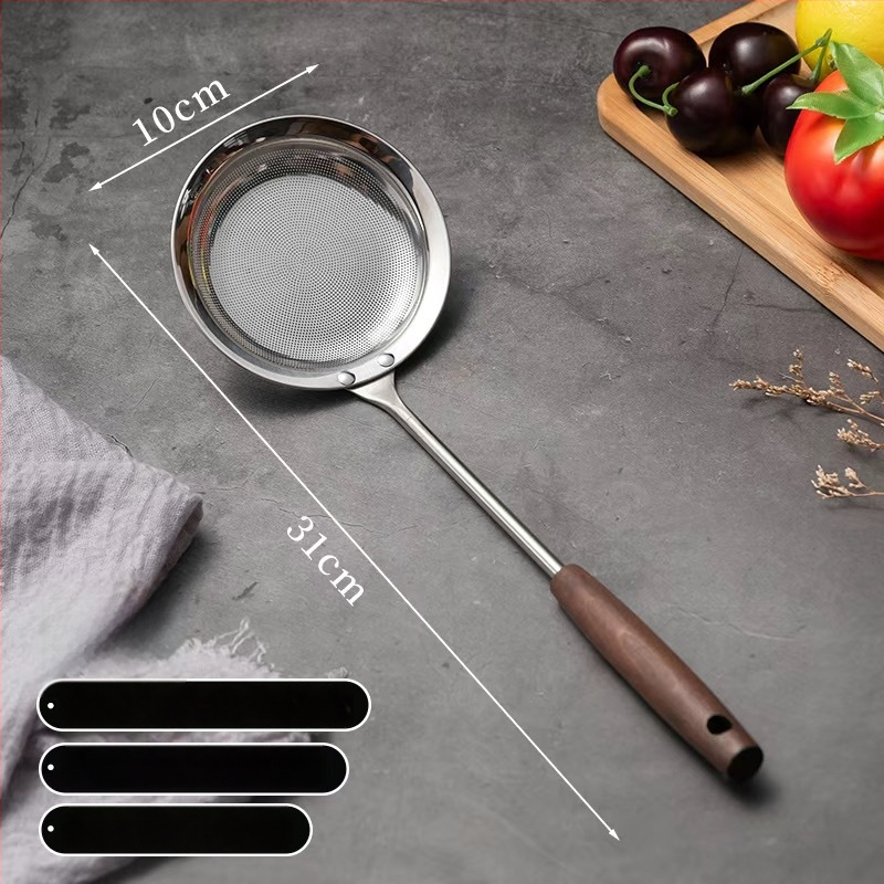 316 nerūdijančio plieno tirštėjantis putų šaukštas su medine rankena – keptuvės tinklo sietas