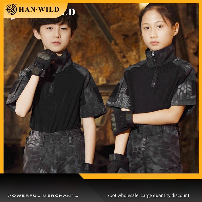 Vaikų kamufliažinis treniruočių komplektas – kvėpuojantis medvilnės mišinio audinys, atsparus dilimui, universalus, vasara-pavasaris-ruduo, skirtas bėgimui, dviračiui, žygiams