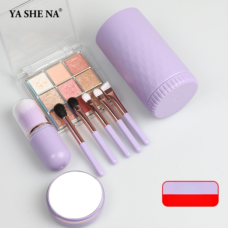 6-in-1 nešiojamas makiažo šepetėlių rinkinys, plastikinės rankenos, dirbtiniai pluoštai, plaukų ilgis 1,5 cm, bendras ilgis 8 cm