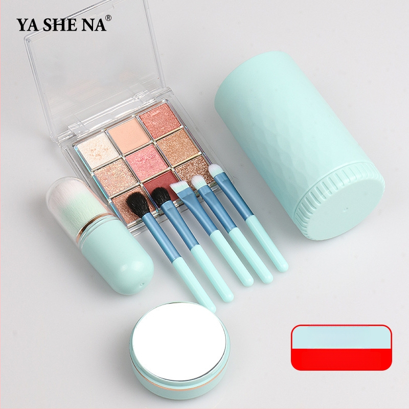 6-in-1 nešiojamas makiažo šepetėlių rinkinys, plastikinės rankenos, dirbtiniai pluoštai, plaukų ilgis 1,5 cm, bendras ilgis 8 cm