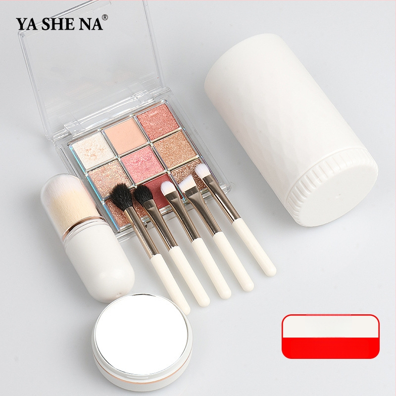 6-in-1 nešiojamas makiažo šepetėlių rinkinys, plastikinės rankenos, dirbtiniai pluoštai, plaukų ilgis 1,5 cm, bendras ilgis 8 cm