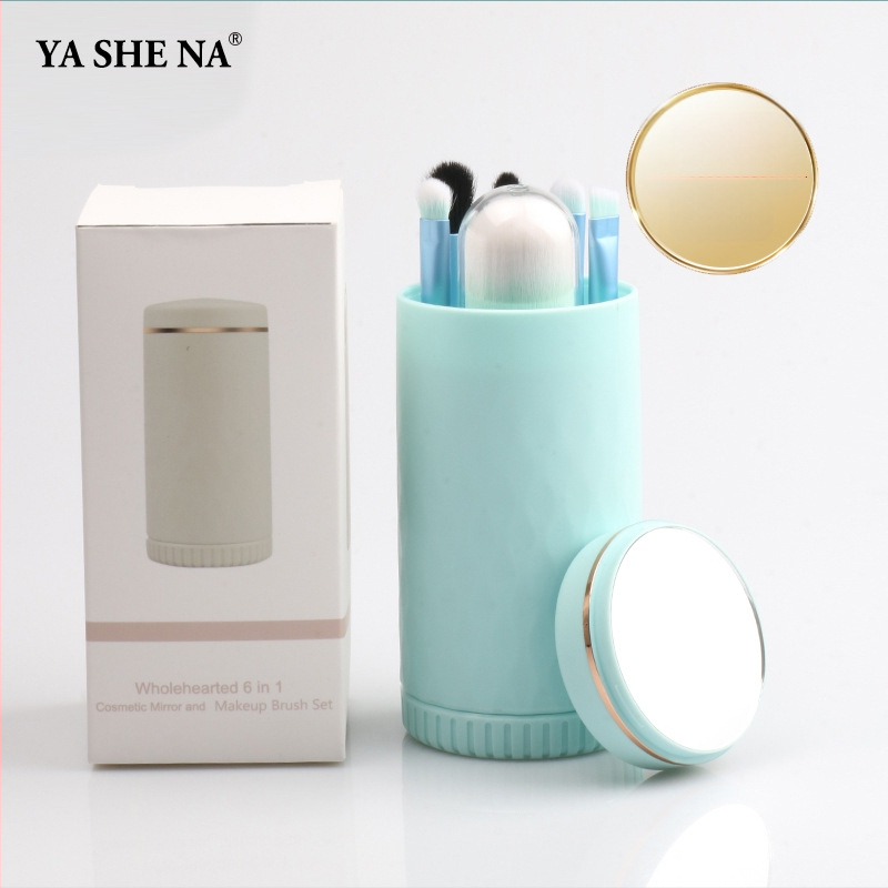 6-in-1 nešiojamas makiažo šepetėlių rinkinys, plastikinės rankenos, dirbtiniai pluoštai, plaukų ilgis 1,5 cm, bendras ilgis 8 cm