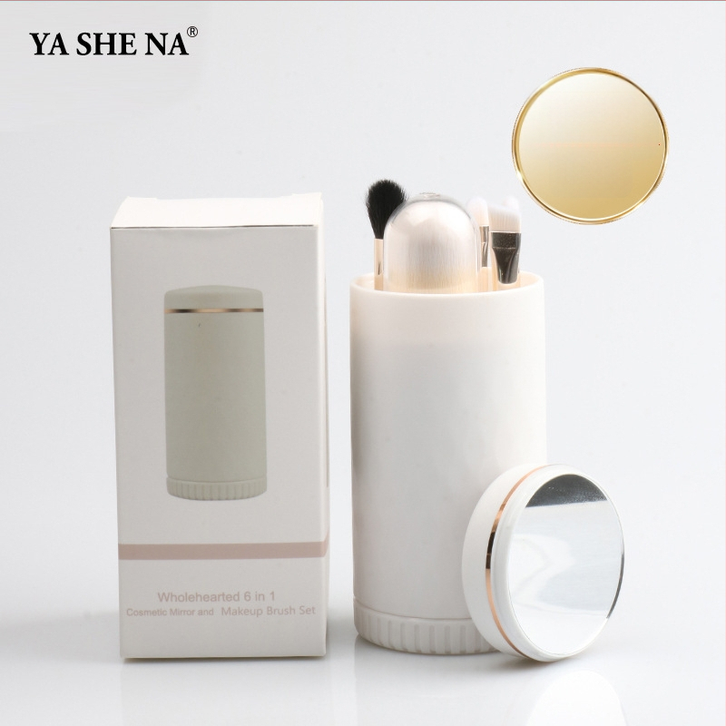 6-in-1 nešiojamas makiažo šepetėlių rinkinys, plastikinės rankenos, dirbtiniai pluoštai, plaukų ilgis 1,5 cm, bendras ilgis 8 cm