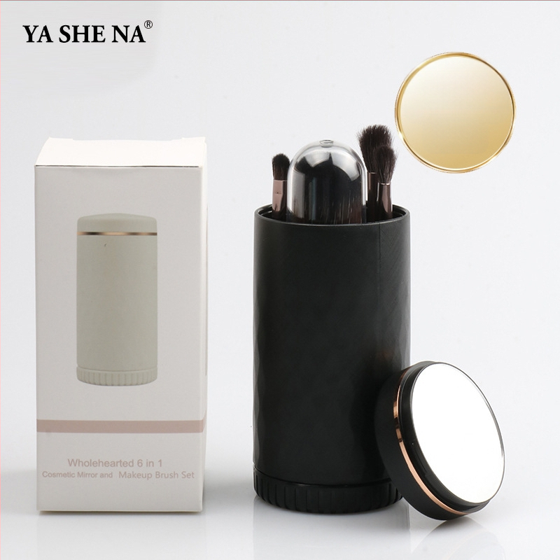 6-in-1 nešiojamas makiažo šepetėlių rinkinys, plastikinės rankenos, dirbtiniai pluoštai, plaukų ilgis 1,5 cm, bendras ilgis 8 cm