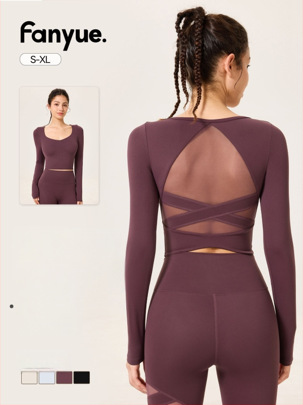 Moterų ilgomis rankovėmis jogos viršūnė su įdėtu krūtinės paminkštinimu, siauras kirpimas, anti-shock, juosmens ilgis (Medžiaga: Nailonas/Poliamidas 81% + Elastanas 19%)