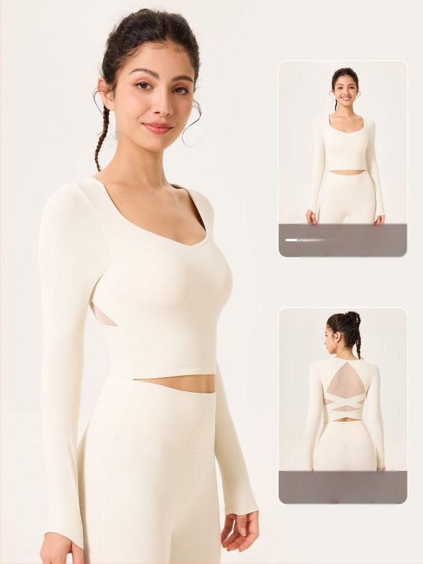 Moterų ilgomis rankovėmis jogos viršūnė su įdėtu krūtinės paminkštinimu, siauras kirpimas, anti-shock, juosmens ilgis (Medžiaga: Nailonas/Poliamidas 81% + Elastanas 19%)