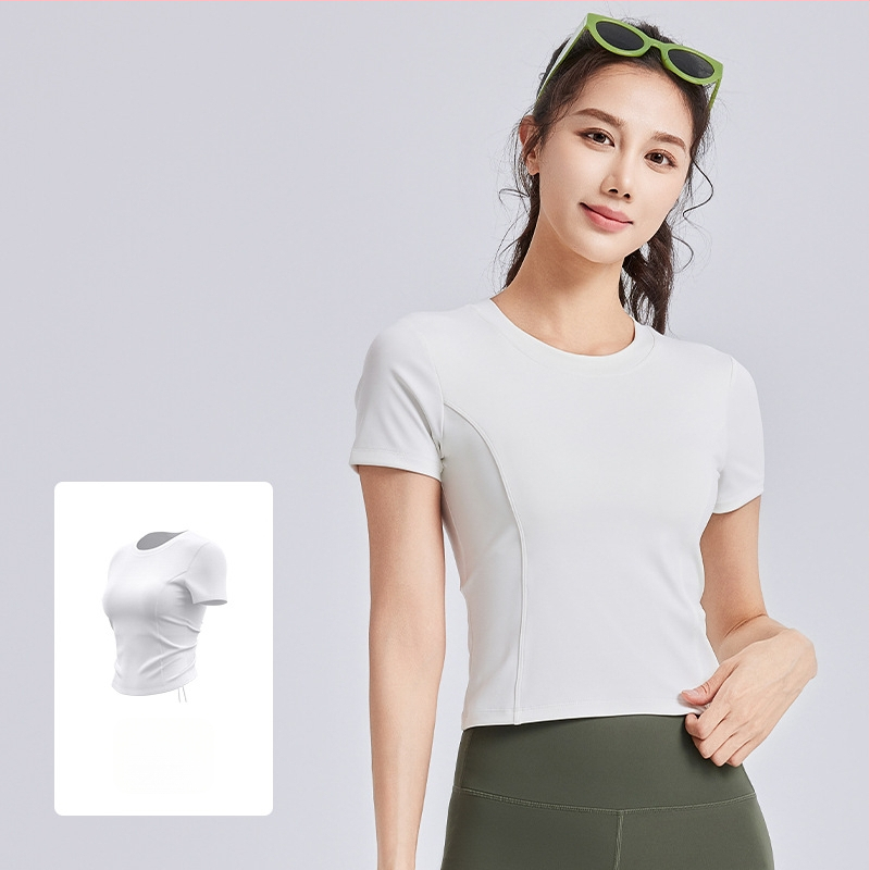 Moterų jogos marškinėliai su krūties pagalvėlėmis, trumpomis rankovėmis, raišteliai, siauras kirpimas, kvėpuojantis (Kvėpuojantis • Poliesteris + Spandeksas • 82.5% + 17.5% • Trumpomis rankovėmis • Siauras kirpimas)
