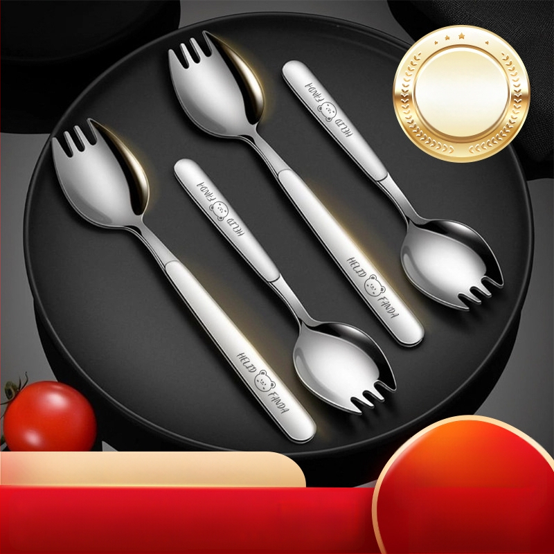 316 nerūdijančio plieno integruotas šakutės-lėkštės įrankis, ilga rankena, veidrodinis poliravimas, paprastas stilius, Hehe bear raštas, suaugusiems