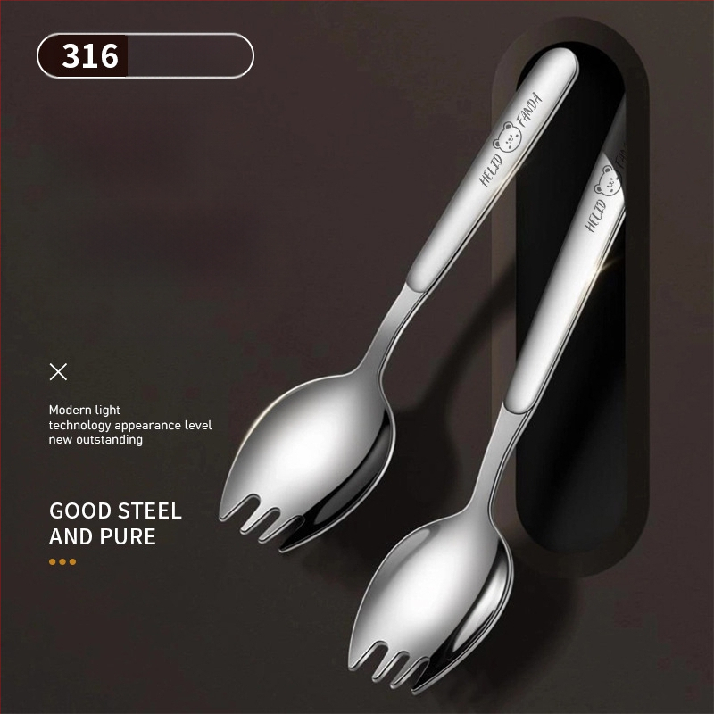 316 nerūdijančio plieno integruotas šakutės-lėkštės įrankis, ilga rankena, veidrodinis poliravimas, paprastas stilius, Hehe bear raštas, suaugusiems