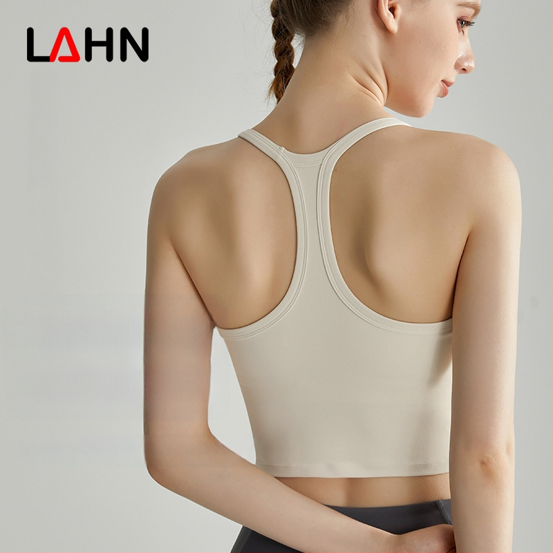 LAHN Sportinė liemenėlė su viengubu dizainu, formuoti 3/4 puodeliai, fiksuoti dvigubi pečių dirželiai, nailonas/elastanas