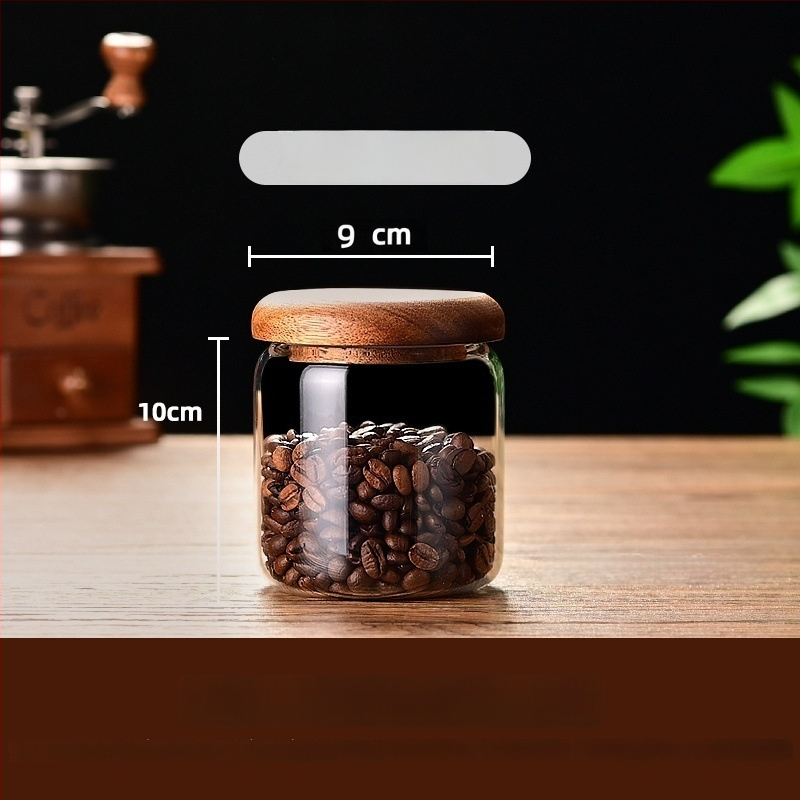 Borosilikatinio stiklo cukraus indas su mediniu dangteliu, cilindrinė forma, talpa 301–500 ml, mikrobangoms tinkama