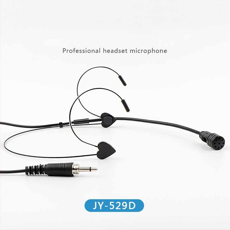 Pea peal asuv juhtmega mikrofon koos kuuldega, Junyin JY-529D; taktsageduste vahemik 20 Hz–20 kHz; SNR ≥75 dB; kaabli pikkus 1 m; nimetatud võimsus 5 W