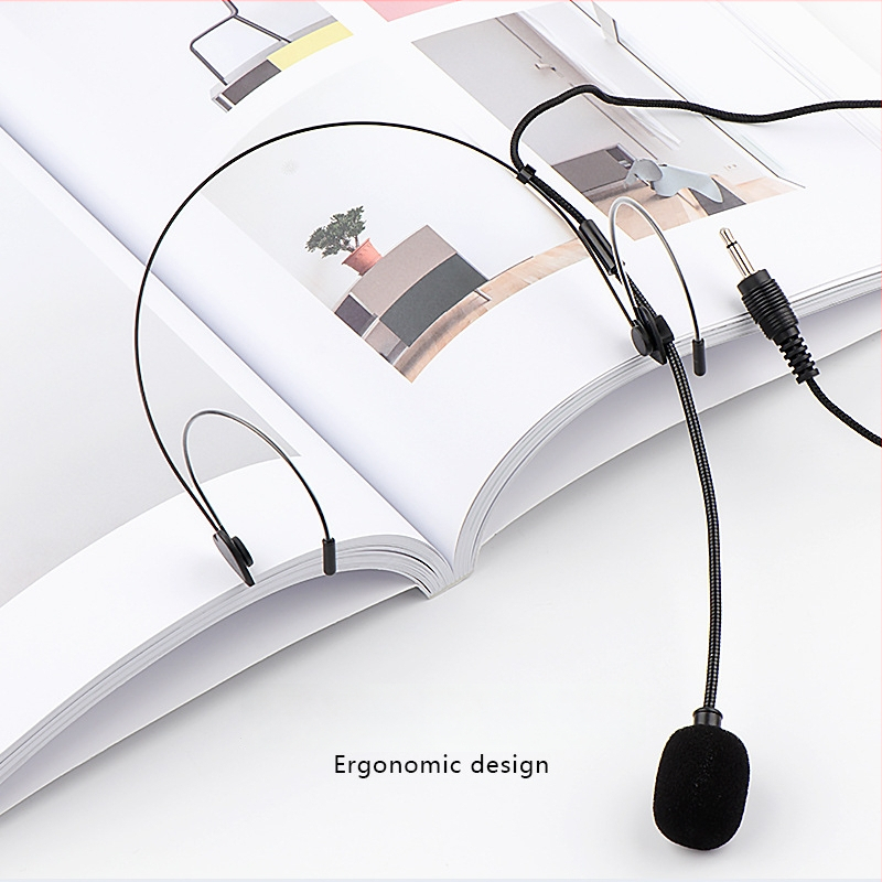 Pea peal asuv juhtmega mikrofon koos kuuldega, Junyin JY-529D; taktsageduste vahemik 20 Hz–20 kHz; SNR ≥75 dB; kaabli pikkus 1 m; nimetatud võimsus 5 W