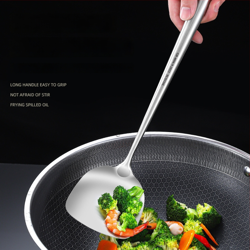 Hiaini virtuvės šaukštas iš 316 nerūdijančio plieno su ilga rankena ir dideliu sriubos šaukštu – aukštos temperatūros atsparumas, logotipo spausdinimas prieinamas