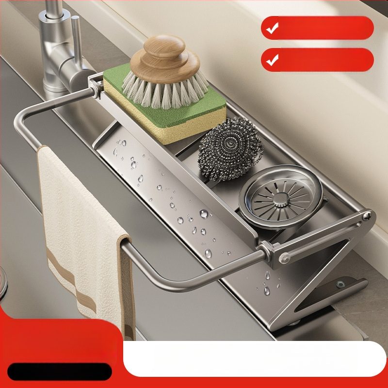 Sieninis virtuvės plovimo kriauklės laikiklis su nutekėjimu ir kempinės laikikliu, Dimo prekės ženklas, modelis GJQ939, medžiaga anglies plienas + ABS, daugiafunkcinis, be įrengimo