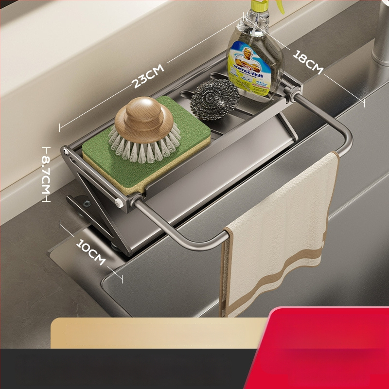 Sieninis virtuvės plovimo kriauklės laikiklis su nutekėjimu ir kempinės laikikliu, Dimo prekės ženklas, modelis GJQ939, medžiaga anglies plienas + ABS, daugiafunkcinis, be įrengimo