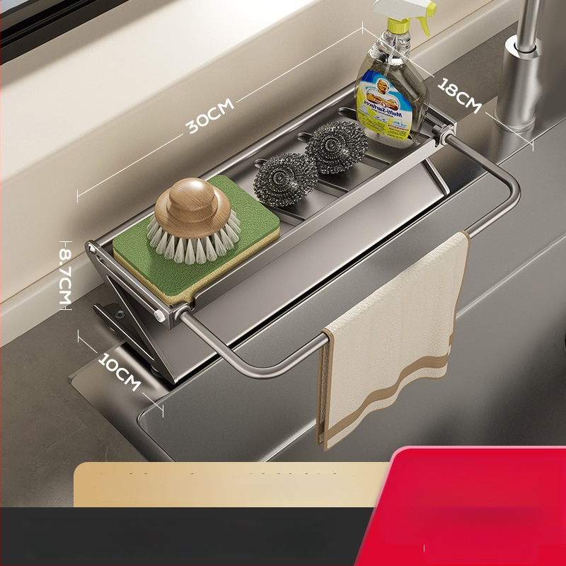 Sieninis virtuvės plovimo kriauklės laikiklis su nutekėjimu ir kempinės laikikliu, Dimo prekės ženklas, modelis GJQ939, medžiaga anglies plienas + ABS, daugiafunkcinis, be įrengimo