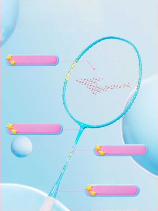 Pora badminton raketė vaikams, aliuminio lydinio rėmas, svoris 95–100 g, rankenos dydis G5, veleno kietumas vidutinis