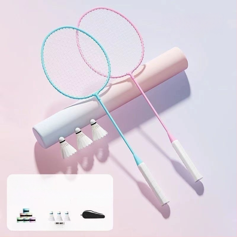 Badminton raketės komplektas (pora) suaugusiems ir vaikams, aliuminio lydinio rėmas, nailoninis pluoštas, svoris 95–100 g, tiesus kotas